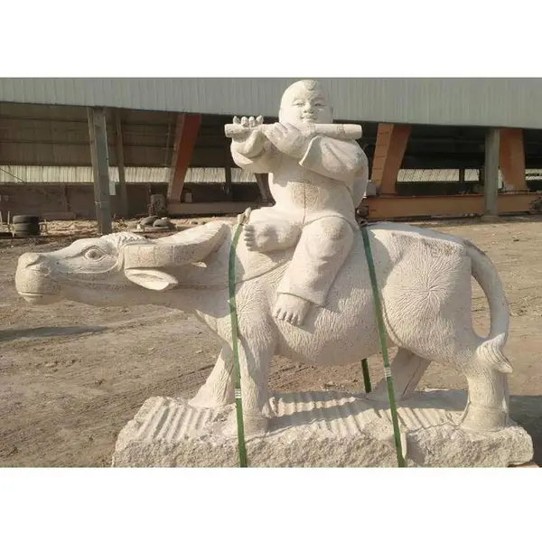 景观人物石雕订做 石刻马拉车雕塑 石头孩童牧牛雕像图