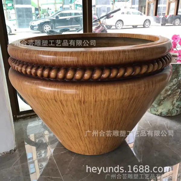 玻璃钢圆形花j缸商场酒店创意仿木纹花盆雕塑户外园林广场种植花
