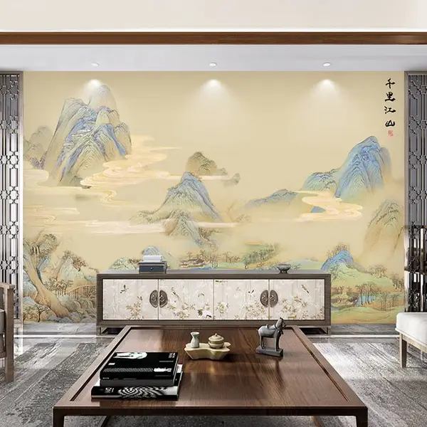 定制壁画千里江山图壁纸中式山水青绿墙布复古客厅酒店背景墙壁布