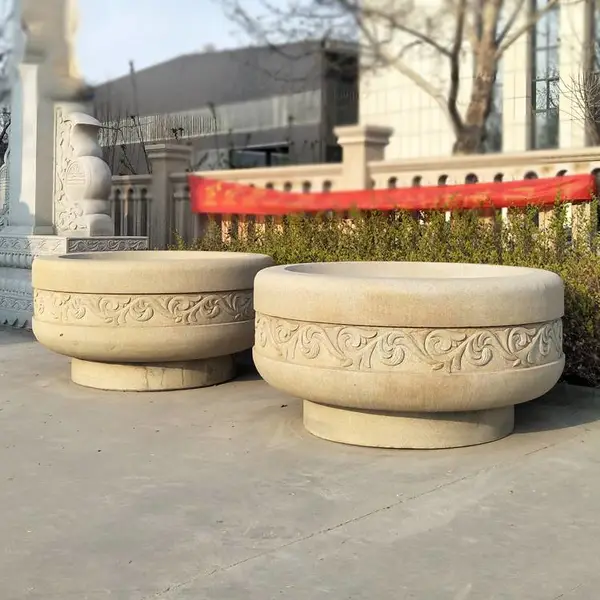 石雕欧式花钵 黄锈石花盆园林户外别墅城市装饰喇叭形石材雕刻 英翰