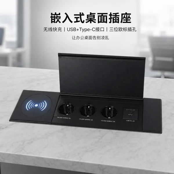 桌面嵌入式插座无线充欧规USB TypeC办公会议桌排插线盒
