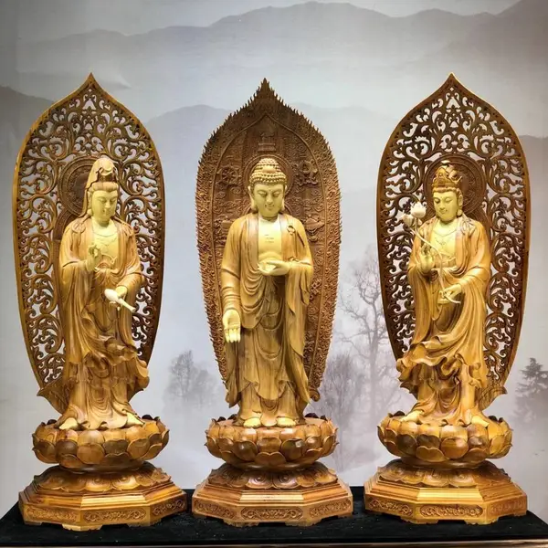 香樟西方三圣佛大型佛像摆件根雕观音如来菩萨定制供佛礼品
