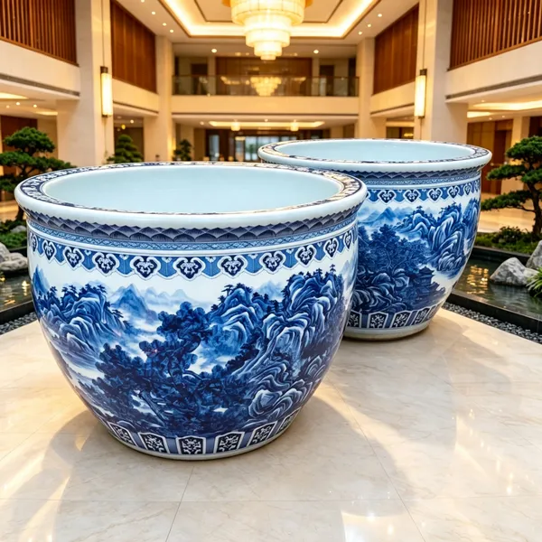 陶瓷大缸 门海陶瓷1.2米 1.5米青花瓷手工绘画陶瓷大缸酒店装饰摆件 庭院养鱼 院子里摆放 开业庆典建源陶瓷