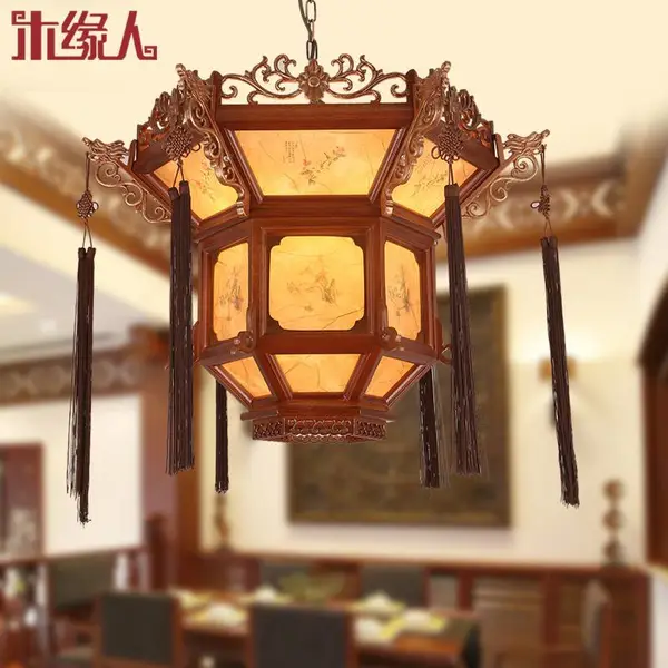 厂家直销 新古典中式吊灯 实木雕花羊皮灯 仿古餐厅饭店书房茶楼灯7404