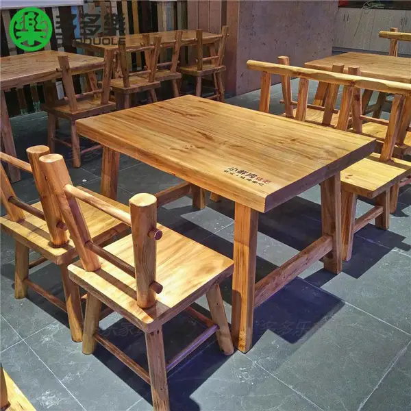 厂家供应粤式烧烤烤生蚝餐吧家具 新西兰木五公分厚台面八字脚六人桌台凳定做