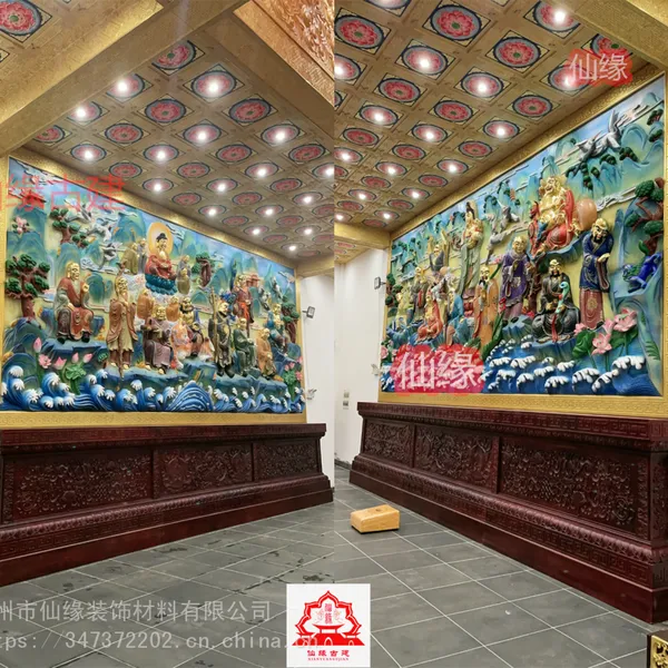 仙缘古建寺庙大雄宝殿定制木雕浮雕壁画十八罗汉彩绘真金手工制作