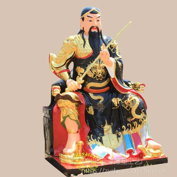彩绘真武大帝木雕佛像 披发祖师雕塑 荡魔天尊金童玉女护法神像批发