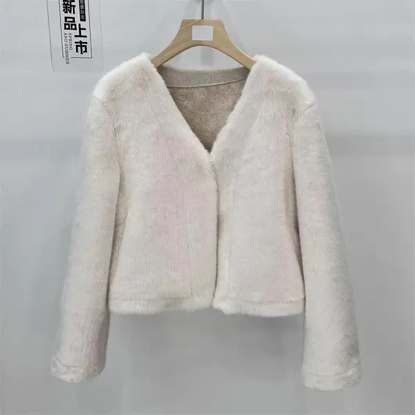 2023冬新款北欧貂绒宽松显瘦仿水貂皮草外套女年轻款V领短款大衣