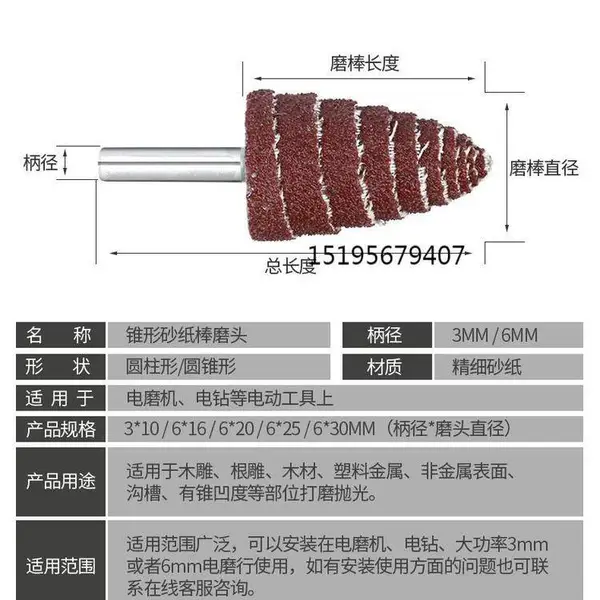 MIRACLE带柄锥形砂布磨头3mm 6mm抛光砂皮纸百叶轮 塔型砂纸棒