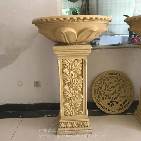 别墅庭院罗马柱墩砂岩花盆|仿黄绣石景观花钵雕塑|人造石雕柱墩花钵摆件