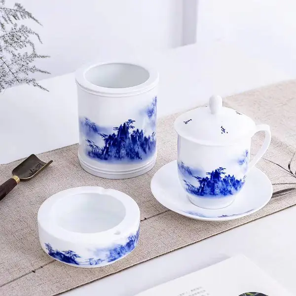 青花山涧办公四件套 景德镇白瓷办公杯碟笔筒笔洗多功能文房四宝