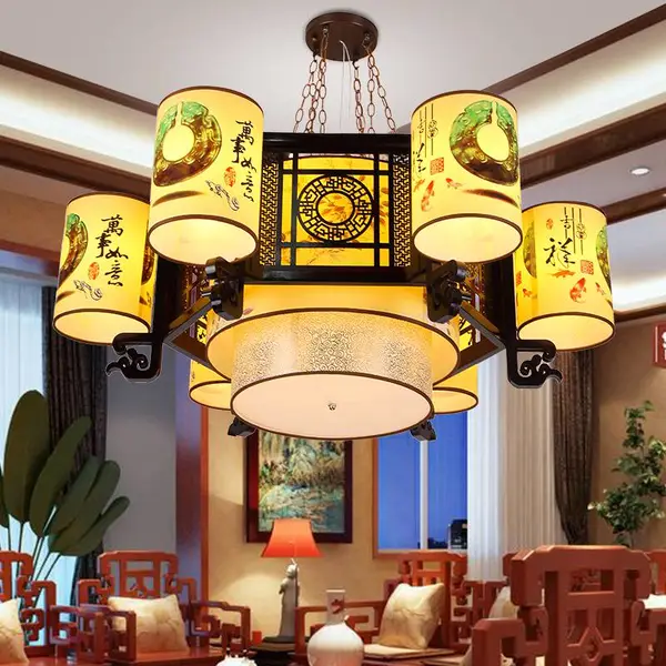 厂家直销 中式客厅吊灯 仿古餐厅羊皮灯 中国风实木工程吊灯7402