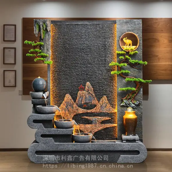 深圳大型水幕墙中式流水喷泉屏风酒店会所景观装饰鱼缸落地加湿器摆件