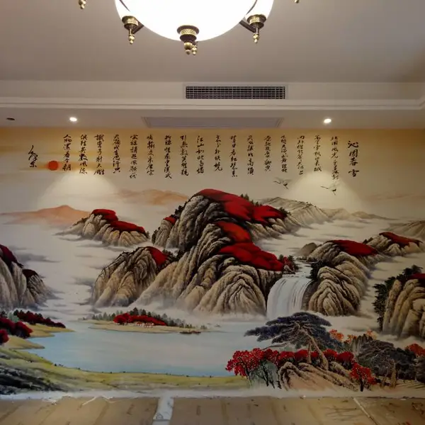 比壁纸还要环保的墙体彩绘壁画可国画 工笔画 适用新中式风格空间