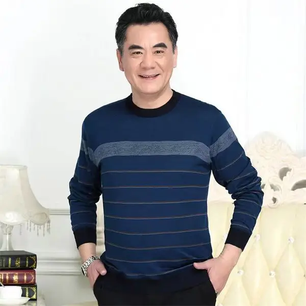 广州外贸羊绒男士50岁60老年衫秋冬款大叔针织圆领保暖毛衣