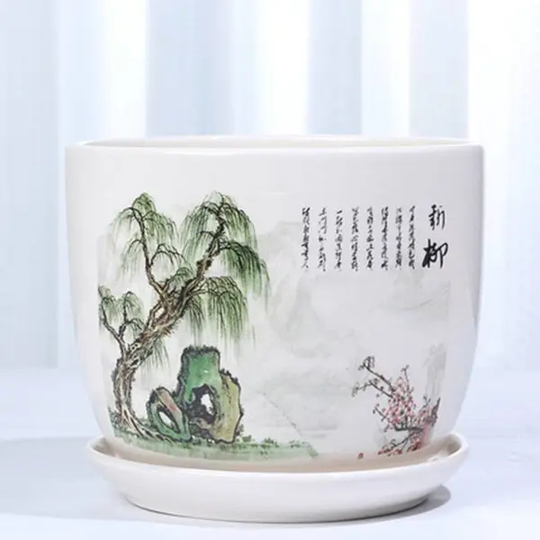 花钵圆形陶瓷花盆陶罐无孔大号室内茶具矮圆家用兰花不漏水大口径