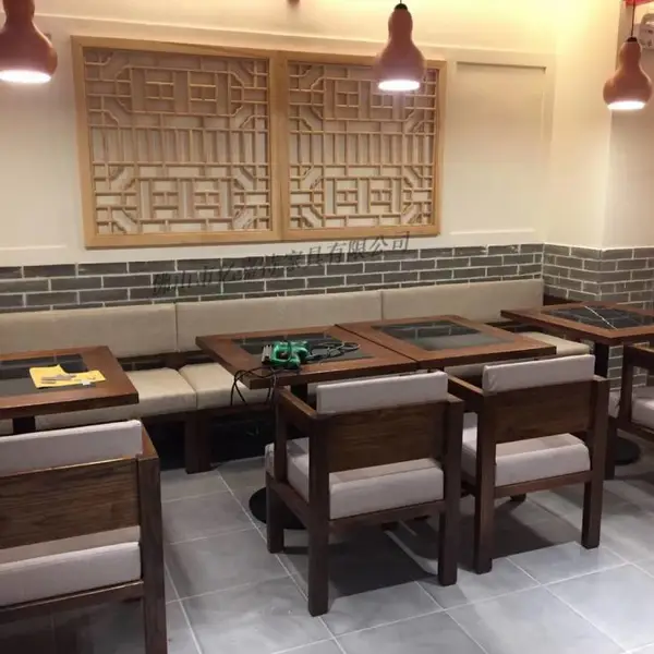 大理石台面实木框架方形胡桃色餐饮餐桌