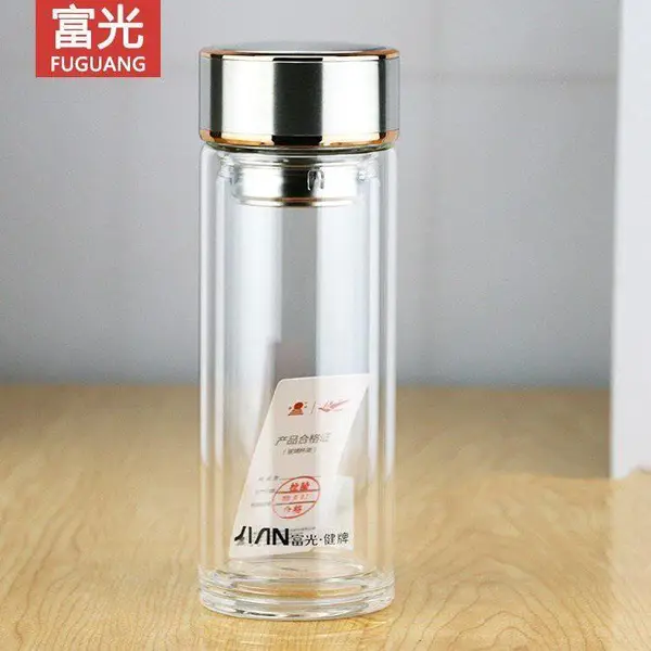 富光 加厚双层玻璃杯 带盖泡茶杯透明印字LOGO