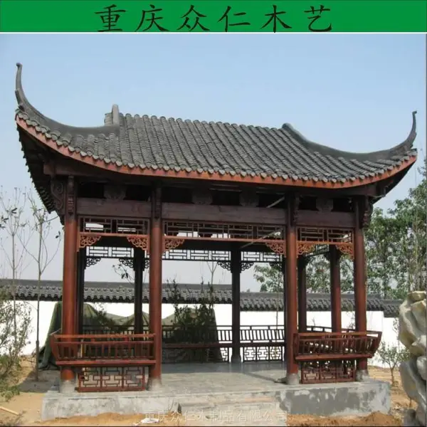 秀山景区防腐木六角亭 双檐古建亭子 防腐木彩绘凉亭施工安装 众仁木艺