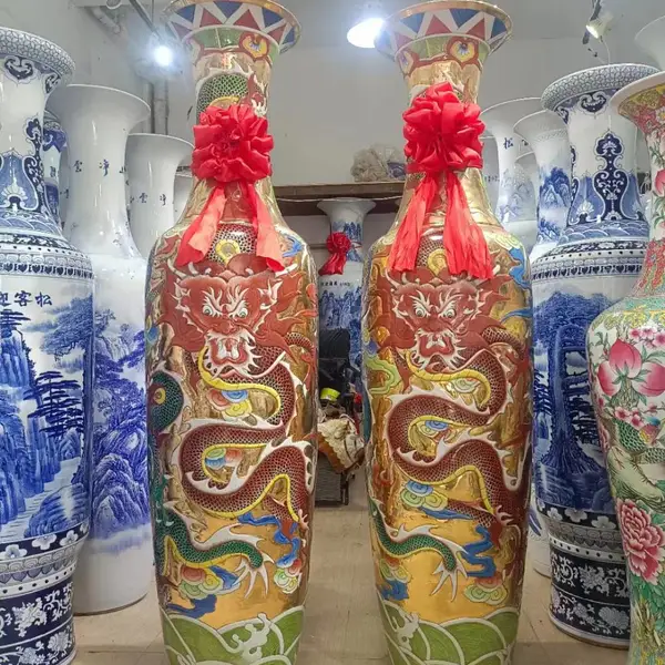 七彩黄色龙手工雕刻落地大花瓶 工厂乔迁开业陶瓷工艺品装饰摆件
