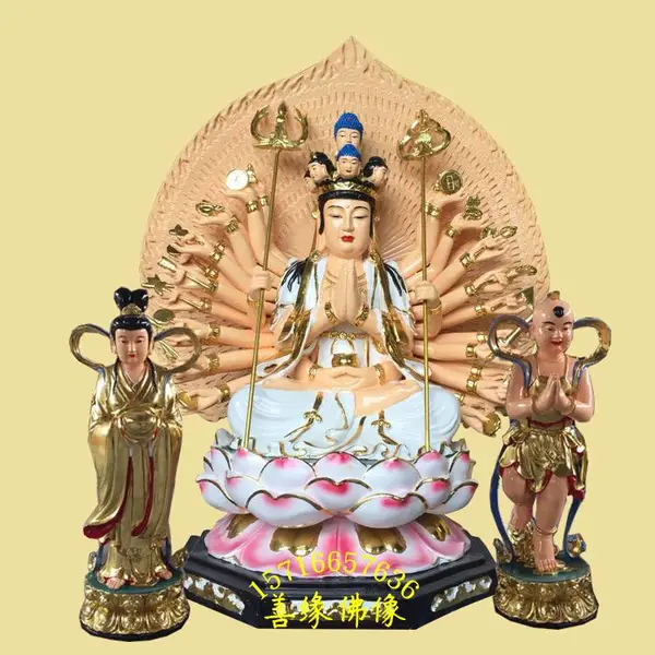 木雕香樟木千手观音佛像·树脂千手千眼观世音彩绘贴金佛像