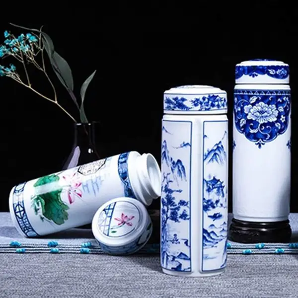 景德镇双层全陶瓷保温杯 带盖青花瓷茶杯水杯子 定制logo送人礼品杯