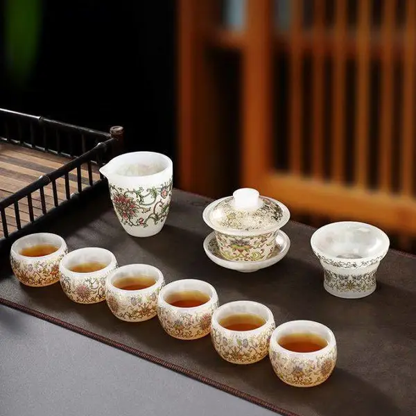 定制镶金琉璃茶具套装 家用会客功夫茶器中式轻奢盖碗喝茶杯礼盒装