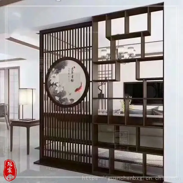新中式不锈钢玻璃屏风家装客厅背景墙艺术山水画夹丝花鸟隔断定制