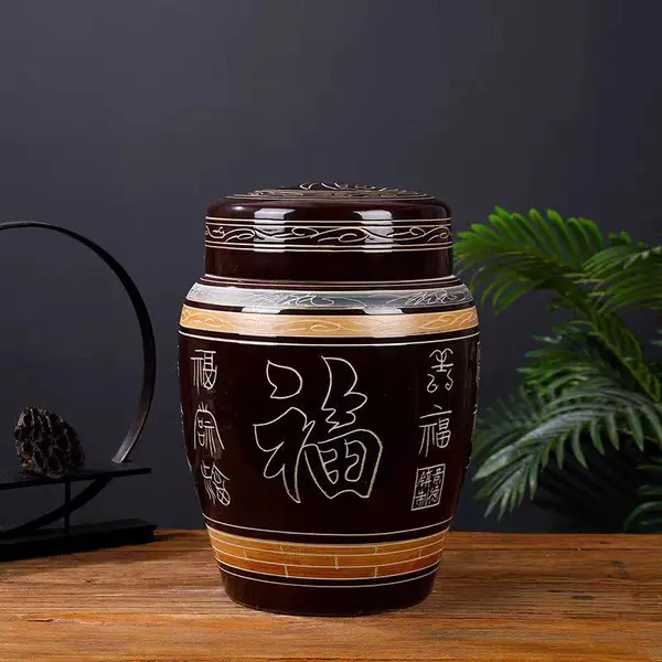 复古雕刻福字骨灰盒 陶瓷内外双盖捡骨坛 迁坟用防潮大号罐子