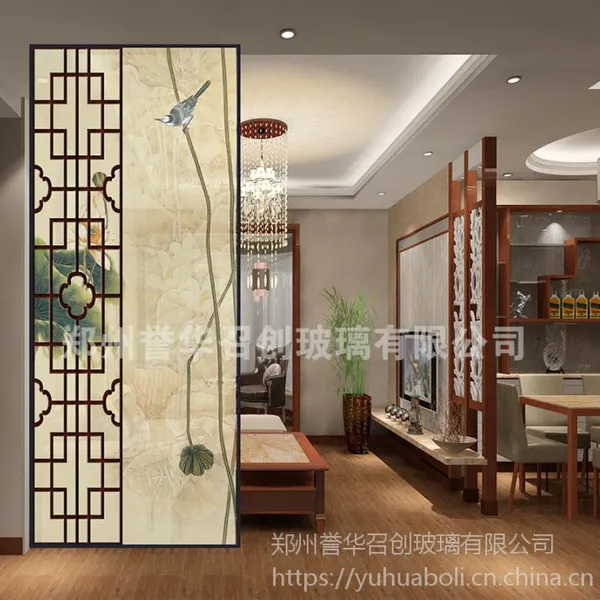 新中式3D花鸟画玄关屏风隔断夹丝夹图工艺安全夹胶玻璃