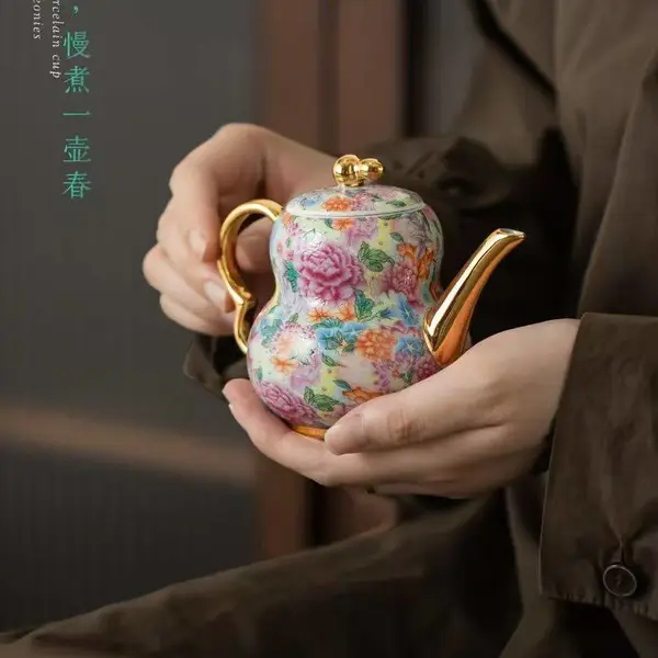 宫廷风家用陶瓷茶具 珐琅彩繁花似锦福禄壶功夫泡茶器 送礼套装
