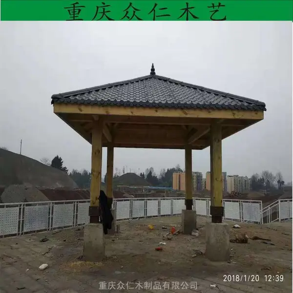 邻水公园传统结构亭子 樟子松仿古六角亭 防腐木彩绘古建亭子施工安装 众仁木艺