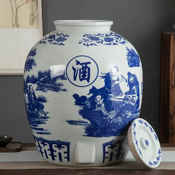 青花瓷大口酒坛 150斤100斤200斤密封陶瓷盖储酒缸泡酒罐子