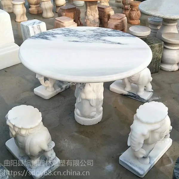 汉白玉石雕桌子圆桌 白色理石石桌石凳庭院纯白色石桌摆件