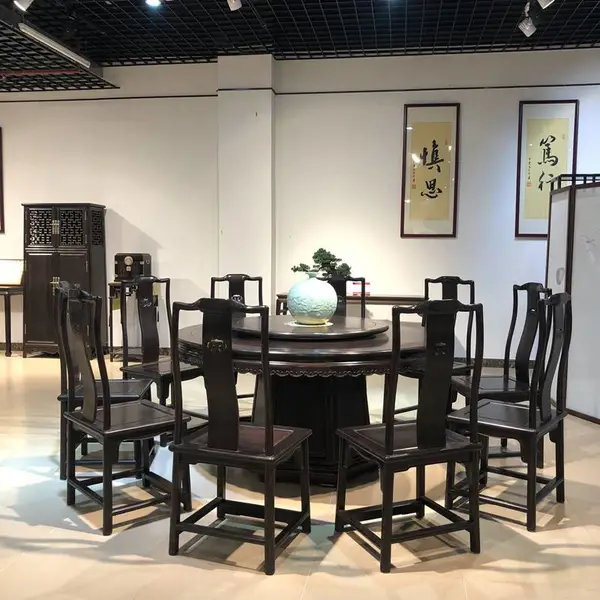 古典中式1.58米圆餐桌 11件套 阔叶黄檀红木餐厅家具素面红木餐桌
