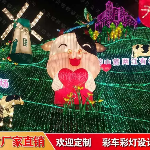 卡通公仔牛灯 动物造形彩灯组制作 昆虫花灯定制找锦辉灯会