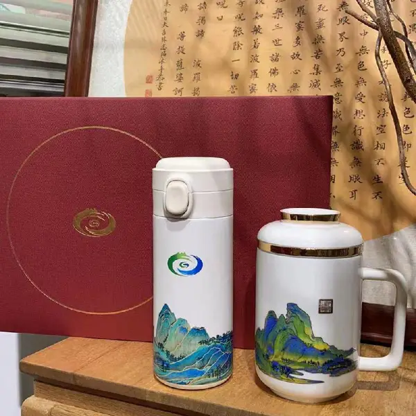 现代艺术瓷器办公过滤杯保温杯套装 千里江山图创意茶杯礼盒