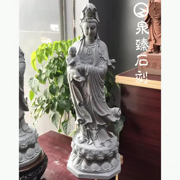 露天芝麻白送子观音石雕 观音菩萨石像 十一面观音石雕