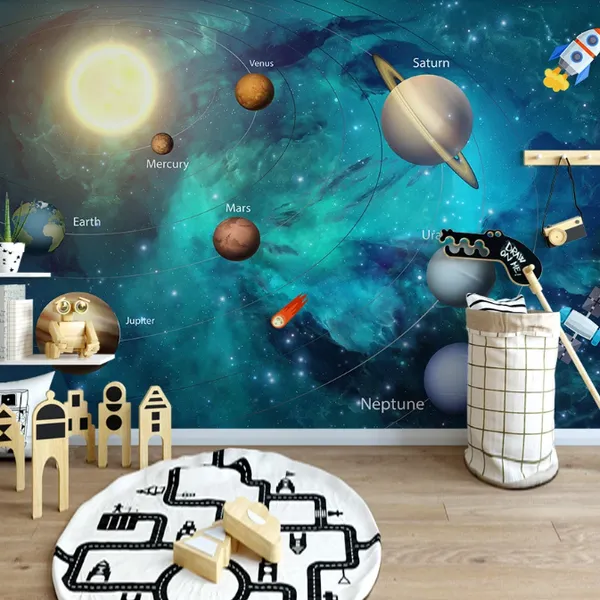 深圳市定制无缝壁画手绘太空宇宙卡通儿童房背景墙壁画