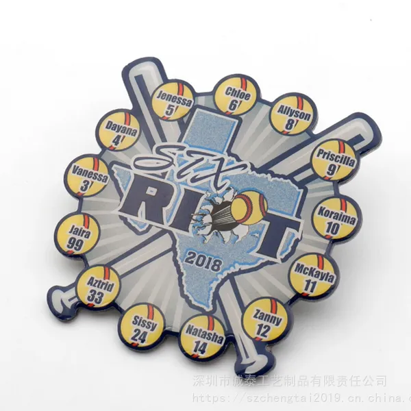 广东比赛徽章,棒球比赛佩戴胸章,金属彩色印刷滴胶徽章