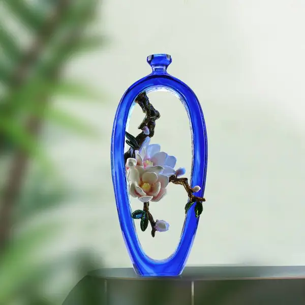 锋明古法琉璃艺术品玉兰花瓶摆件***水晶工艺品客厅玄关装饰乔迁礼物