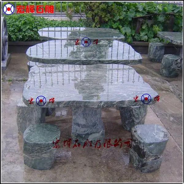 绿色华安玉方形桌子(九龙壁圆桌)整套配六椅子