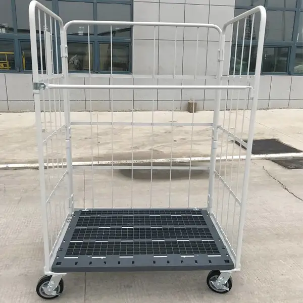 三面护栏不带门物流台车 塑料底板金属围栏聚氨酯脚轮