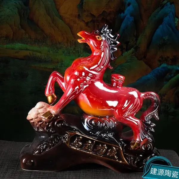 蓝色马生肖酒瓶3斤5斤满花高档陶瓷酒坛马到成功配皮盒