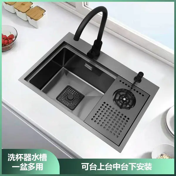 不锈钢纳米黑色隐形水槽吧台手工带洗杯器单槽加厚台下盆洗菜水池