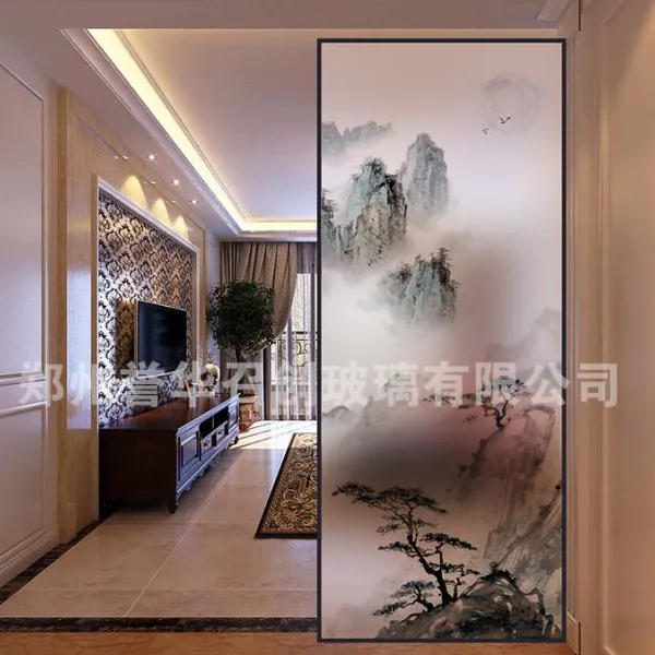 水墨山水风景细边框屏风隔断玄关夹胶夹画工艺玻璃5+5超白钢化夹丝安全玻璃厂家直销
