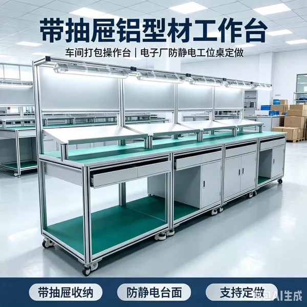带抽屉铝型材工作台 车间打包操作台 电子厂防静电工位桌定做