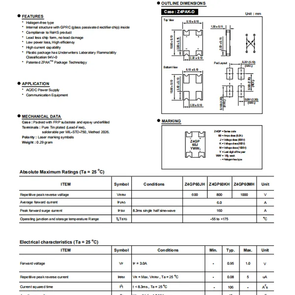 ZOWIE智威 普通整流桥 型号Z4GP60MH 一级代理商 价格 桥堆
