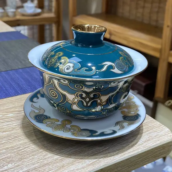 绿釉金银错茶碗 仿古中式品茶天地三才盖碗 镶金边八宝民族文化礼品