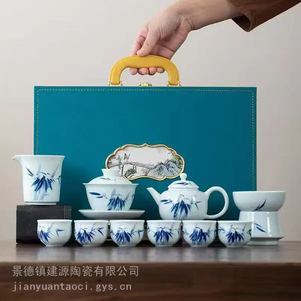 青花手绘茶具功夫套装 家用礼盒陶瓷盖碗 定制纪念礼品茶具
